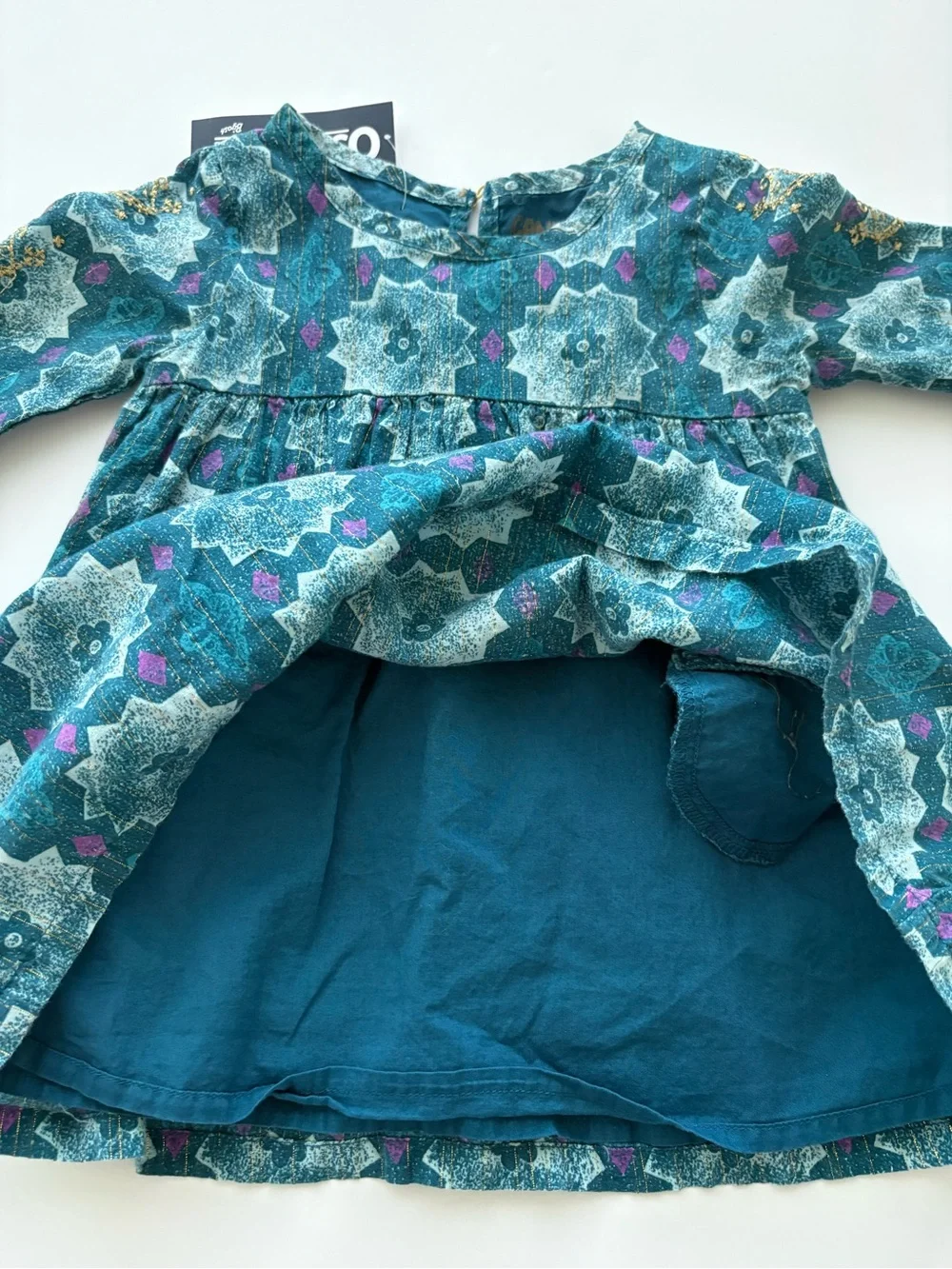 KIDS OshKosh B’gosh Girls Teal Geometric Metallic Print Dress Size 18M NWT